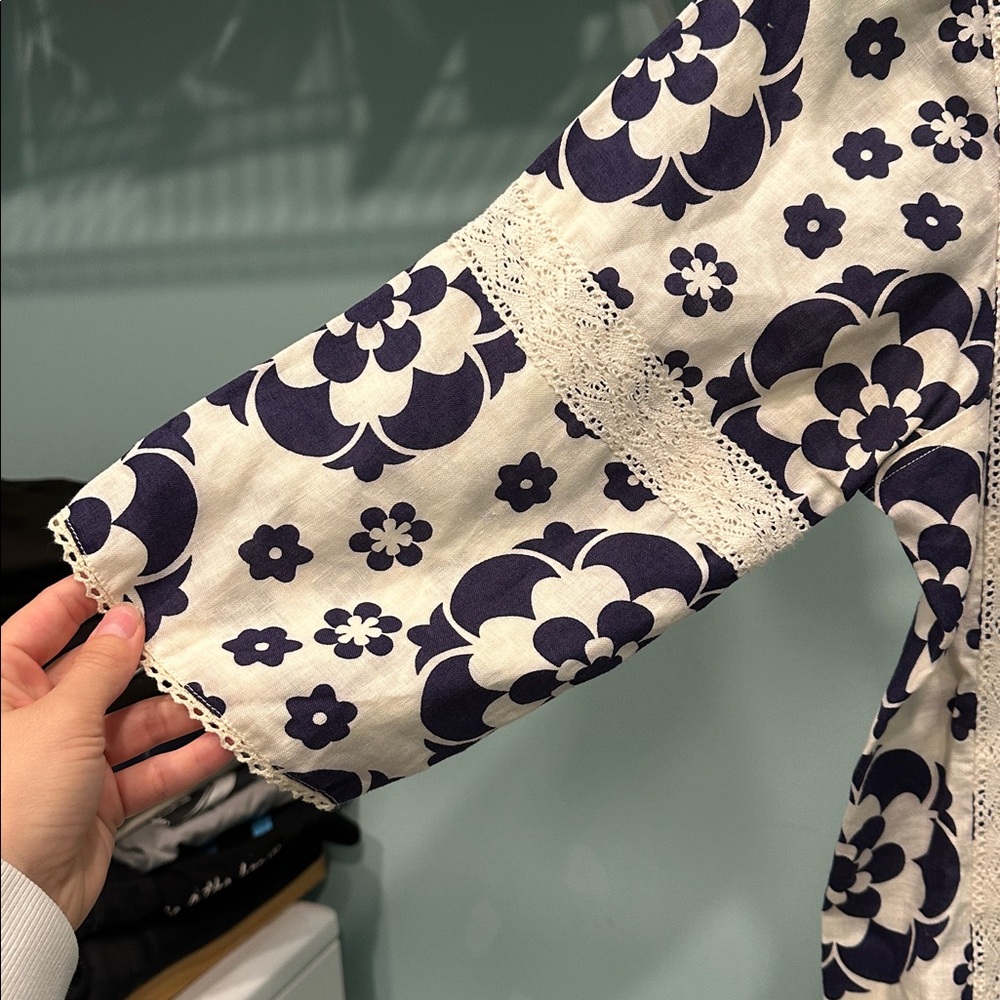 Tory Burch Cream and Navy beaded Floral Blouse - Picture 3 of 6